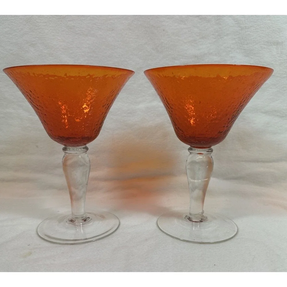 Orange Margarita Glasses Martini Cocktail Seeded Hand Blown 6.5